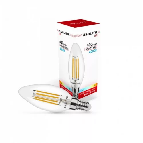 Asalite LED izzó C35 filament gyertya E14 4W 4000K (400 lumen)