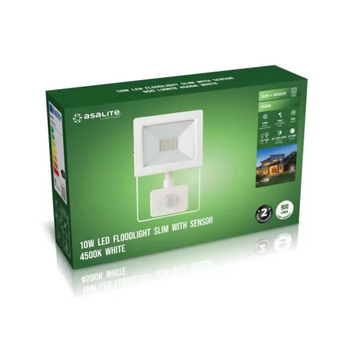 Asalite LED fehér reflektor slim 10W 4500K (900 lumen) + mozgásérzékelő szenzor