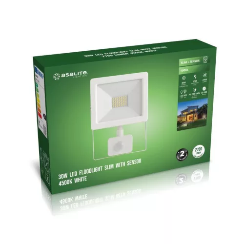 Asalite LED fehér reflektor slim 30W 4500K (2700 lumen) + mozgásérzékelő szenzor