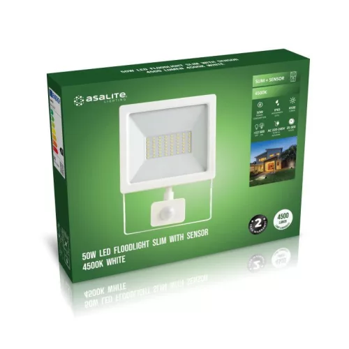 Asalite LED fehér reflektor slim 50W 4500K (4500 lumen) + mozgásérzékelő szenzor