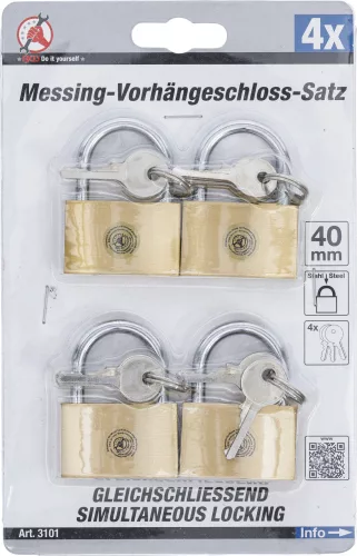 BGS sárgaréz lakatkészlet Egyforma kulcs 40 mm 4 darabos