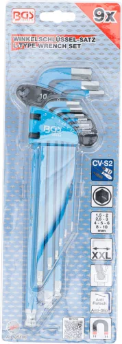 BGS derékszögű kulcskészlet, extra hosszú, belső hatszögletű / gömbfejes 1,5–10 mm, 9 db