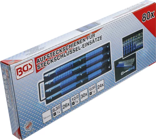 BGS dugókulcstartó sín készlet dugókulcs-betétekhez 80 kapoccsal 6,3/10/12,5 mm (1/4",3/8",1/2")