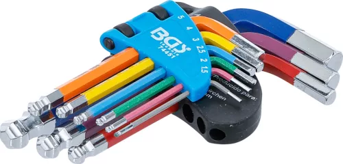 BGS derékszögű kulcskészlet, rövid több színű, belső hatszögletű és gömbfejes, 1,5–10 mm, 9 db