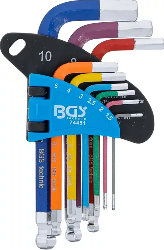 BGS derékszögű kulcskészlet, rövid több színű, belső hatszögletű és gömbfejes, 1,5–10 mm, 9 db