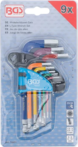 BGS derékszögű kulcskészlet, rövid több színű, belső hatszögletű és gömbfejes, 1,5–10 mm, 9 db