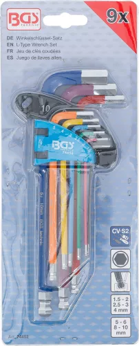 BGS derékszögű kulcskészlet többszínű belső hatszögletű gömbfejes 1,5-10 mm 9 darabos