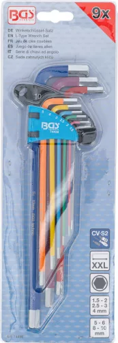 BGS derékszögű kulcs készlet több színű extra hosszú belső hatszögletű 1,5 - 10 mm 9 darabos