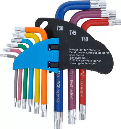 BGS derékszögű kulcs készlet több színű rövid T-profil (Torx) T10 - T50 9 darabos