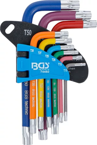BGS derékszögű kulcs készlet több színű rövid T-profil (Torx) T10 furattal - T50 9 darabos