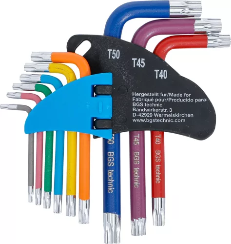 BGS derékszögű kulcs készlet több színű rövid T-profil (Torx) T10 furattal - T50 9 darabos