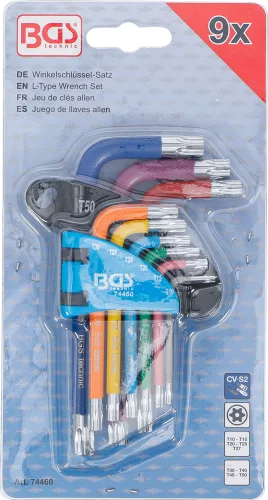 BGS derékszögű kulcs készlet több színű rövid T-profil (Torx) T10 furattal - T50 9 darabos