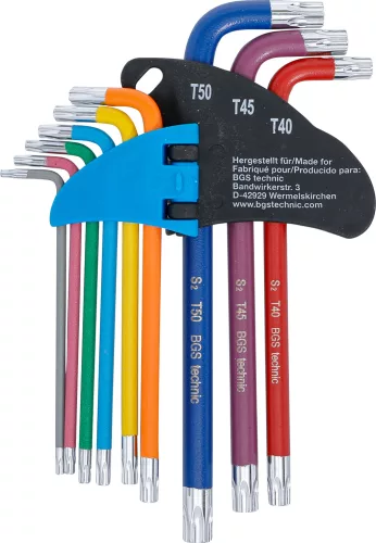 BGS derékszögű kulcs készlet több színű T-profil (Torx) T10 furattal - T50 9 darabos