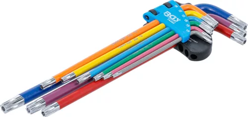 BGS derékszögű kulcs készlet több színű extra hosszú T-profil (Torx) T10 furattal - T50 9 darabos
