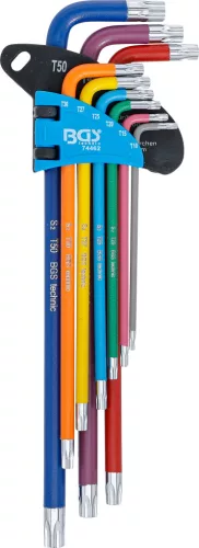 BGS derékszögű kulcs készlet több színű extra hosszú T-profil (Torx) T10 furattal - T50 9 darabos