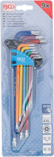 BGS derékszögű kulcs készlet több színű extra hosszú T-profil (Torx) T10 furattal - T50 9 darabos