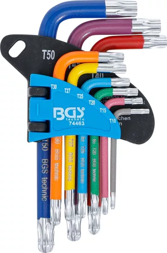 BGS derékszögű kulcskészlet, színes, T-profil (torx) furattal/gömbfejjel, T10-T50, 9 DB