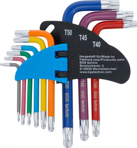 BGS derékszögű kulcskészlet, színes, T-profil (torx) furattal/gömbfejjel, T10-T50, 9 DB