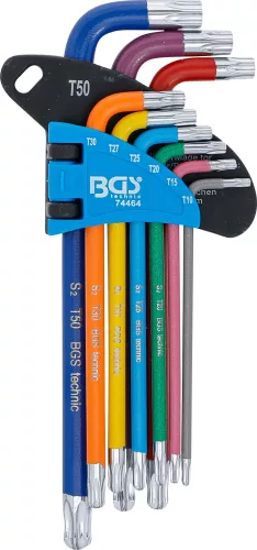 BGS derékszögű kulcs készlet több színű T-profil (Torx) furattal és gömbfejjel T10 - T50 9 darabos