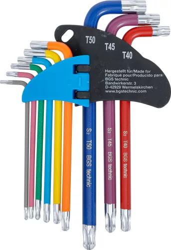 BGS derékszögű kulcs készlet több színű T-profil (Torx) furattal és gömbfejjel T10 - T50 9 darabos