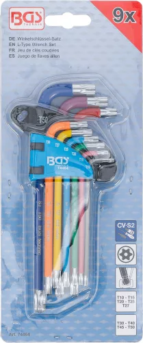 BGS derékszögű kulcs készlet több színű T-profil (Torx) furattal és gömbfejjel T10 - T50 9 darabos