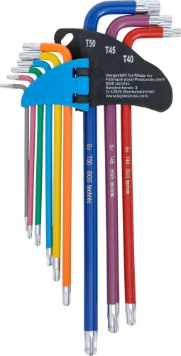 BGS derékszög kulcskészlet színes extra hosszú T-profil torx furattal, gömbfejes T10-T50 9db