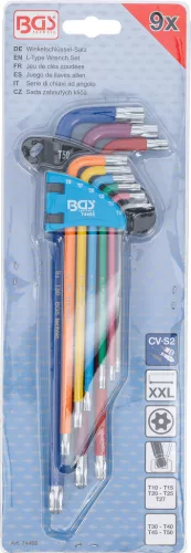 BGS derékszög kulcskészlet színes extra hosszú T-profil torx furattal, gömbfejes T10-T50 9db