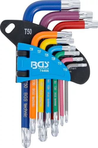 BGS derékszögű kulcs készlet több színű rövid T-profil (Torx) gömbfejes T10 - T50 9 darabos