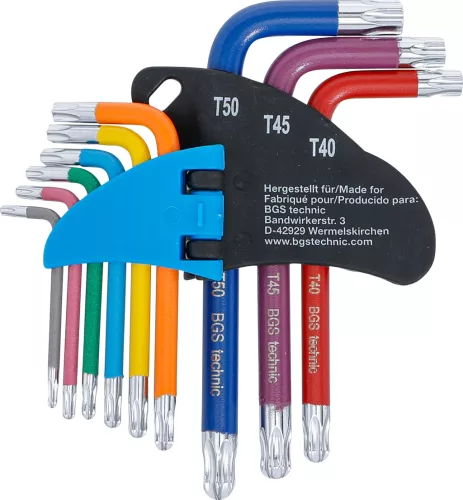 BGS derékszögű kulcs készlet több színű rövid T-profil (Torx) gömbfejes T10 - T50 9 darabos