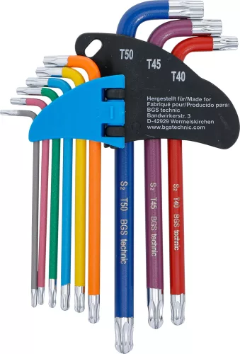 BGS derékszögű kulcs készlet több színű T-profil (Torx) gömbfejes T10 - T50 9 darabos