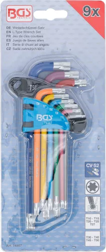 BGS derékszögű kulcs készlet több színű T-profil (Torx) gömbfejes T10 - T50 9 darabos
