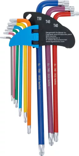 BGS derékszögű kulcs készlet több színű extra hosszú T-profil (Torx) gömbfejes T10 - T50 9 darabos