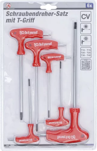BGS csavarhúzó készlet T-fogantyúval és oldalpengével T-profil (Torx) furattal T10 - T40 6 darabos