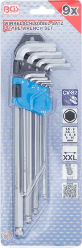 BGS derékszögű kulcs készlet extra hosszú belső hatszögletű / belső gömbfejes 1,5-10 mm 9 darabos