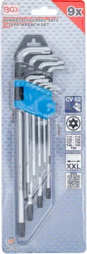 BGS derékszögű kulcs készlet extra hosszú T-profil (Torx) furattal T10 - T50 9 darabos