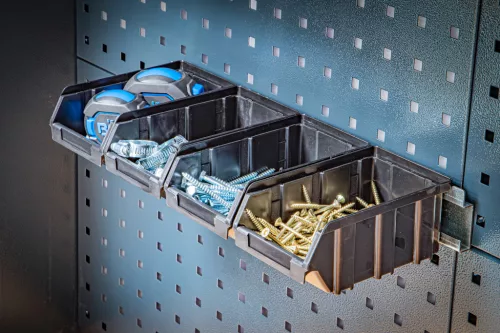 BGS raktári tárolódoboz-készlet akasztósínnel fali egységrendszerhez 4 darabos