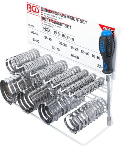 BGS tömlőbilincs-készlet INOX táblán 111 darabos