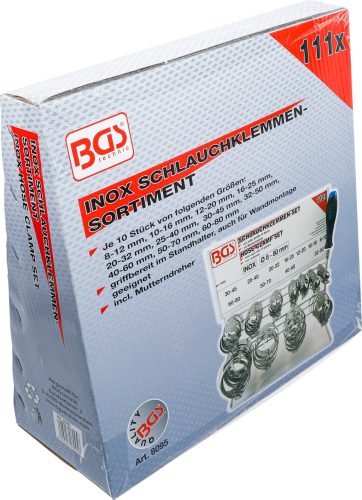 BGS tömlőbilincs-készlet INOX táblán 111 darabos