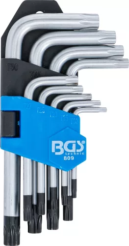 BGS derékszögű kulcs készlet rövid T-profil (Torx) T10 furattal - T50 9 darabos