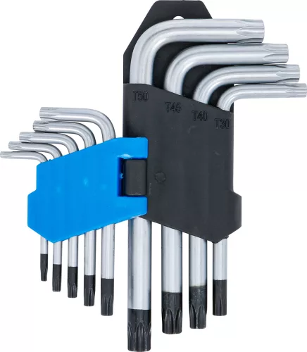 BGS derékszögű kulcs készlet rövid T-profil (Torx) T10 furattal - T50 9 darabos