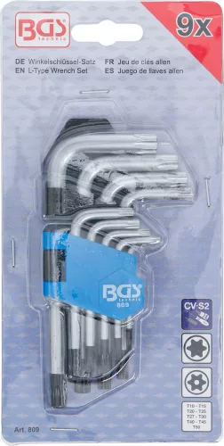 BGS derékszögű kulcs készlet rövid T-profil (Torx) T10 furattal - T50 9 darabos