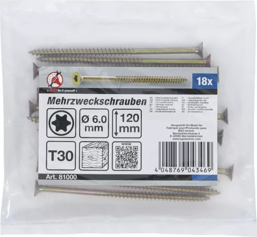 BGS univerzális csavarok T-profil (Torx) T30 6,0 x 120 mm 18 db