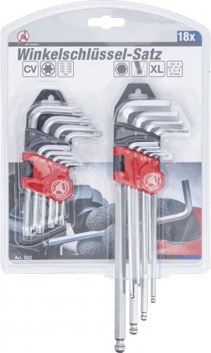 BGS derékszögű kulcskészlet hosszú t-profil (torx) T10-T50 / belső hatszögletű 1,5-10 mm 18 részes