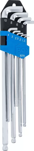 BGS derékszögű kulcskészlet extra hosszú/rövid, belső hatszögletű és gömbfejes 1,5–10 mm, 9 db