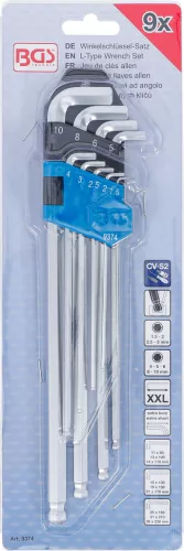 BGS derékszögű kulcskészlet extra hosszú/rövid, belső hatszögletű és gömbfejes 1,5–10 mm, 9 db