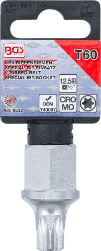 BGS bordásszíj-behajtófej 12,5 mm (1/2"), külső hatszögletű 22 mm T-profil (Torx) T60