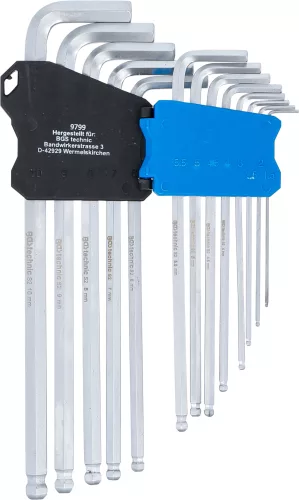 BGS derékszögű kulcs szett extrahosszú, belső hatszögletű/gömbfejes 1,5-10 mm, 13 db