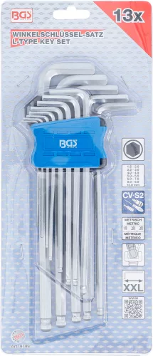 BGS derékszögű kulcs szett extrahosszú, belső hatszögletű/gömbfejes 1,5-10 mm, 13 db