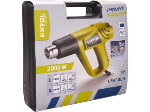 Extol Craft hőlégfúvó, két fokozat, 1000W/2000W, 350/550°C, 300/500 L/perc, kofferben, tartozékok