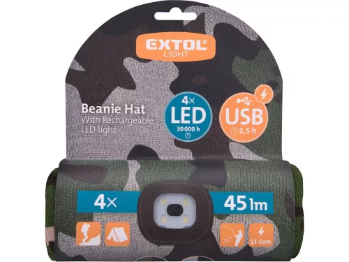 Extol sapka, terepszínű, kötött, kivehető LED homloklámpával, 4×45 Lumen